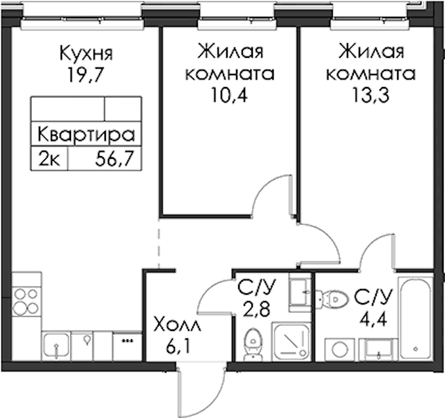 2-комнатная квартира 56.7 м², 10/12 эт., ЖК «Шкиперский 19»